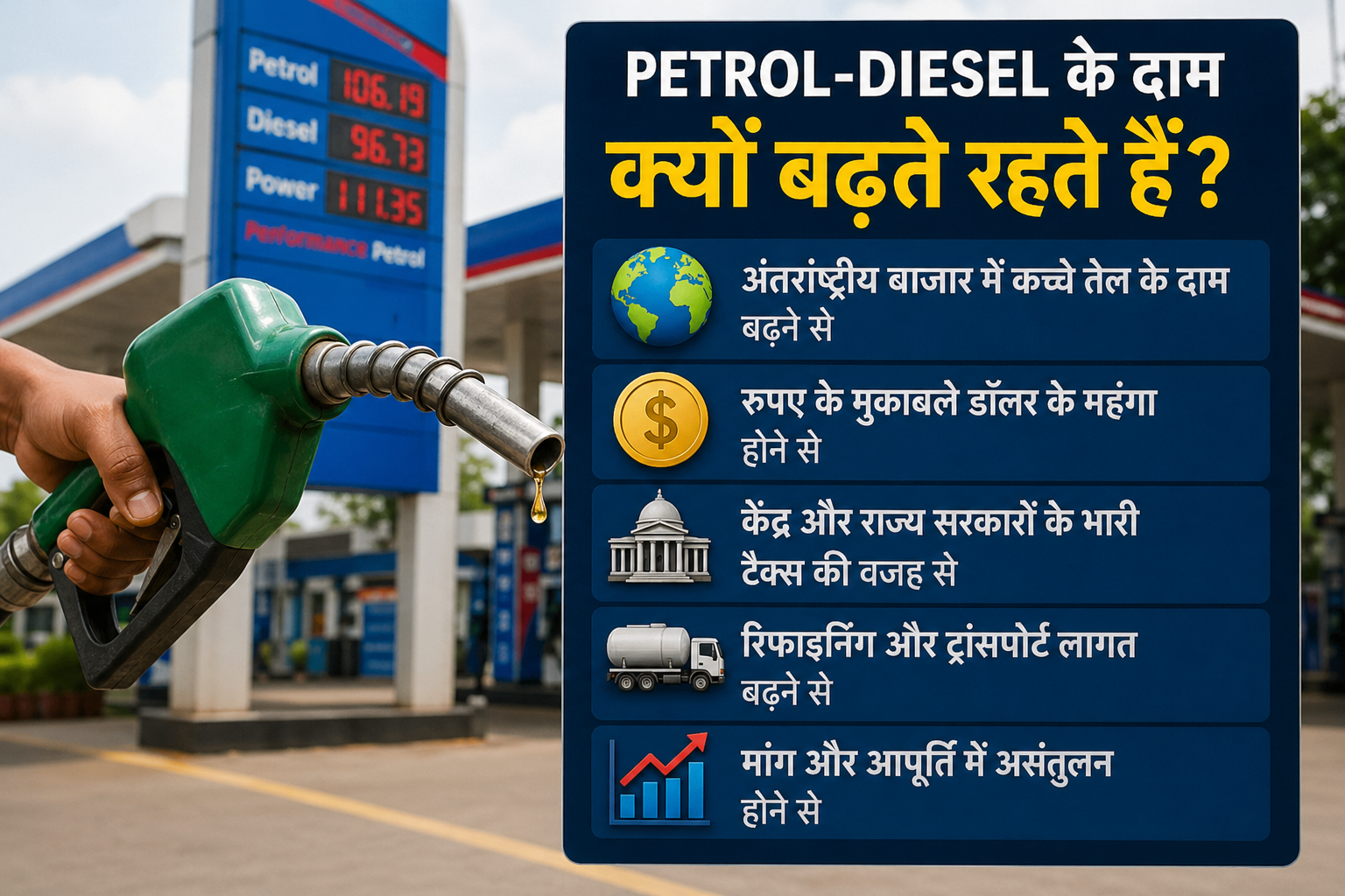 Petrol diesel ke daam badhne ke reasons samjhata hua fuel pump image, global oil price aur tax effect