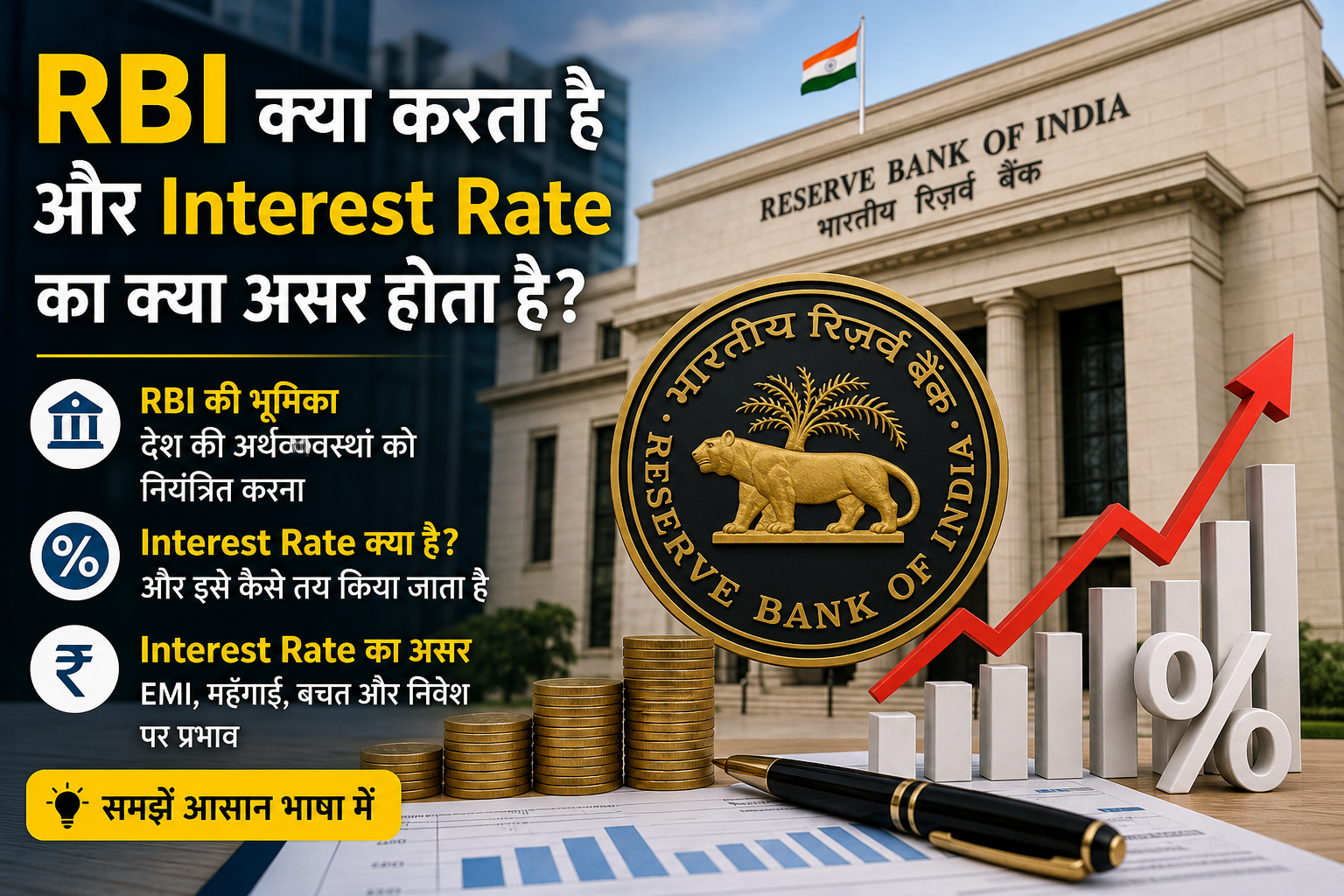 RBI interest rate infographic, Reserve Bank of India ka role aur EMI, mehngai aur loan par asar dikhata hua chart